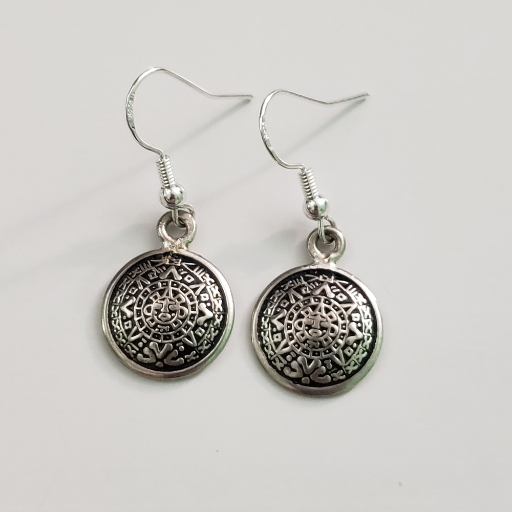 Vintage Mexico Aztec Calendar Sterling Silver Drop Dangle Earrings